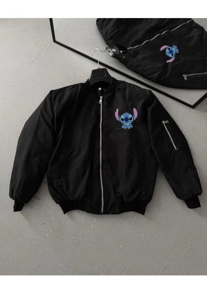 Unisex Siyah Bomber Ceket - Fermuarlı, Cepli, Kapitone Astarlı,