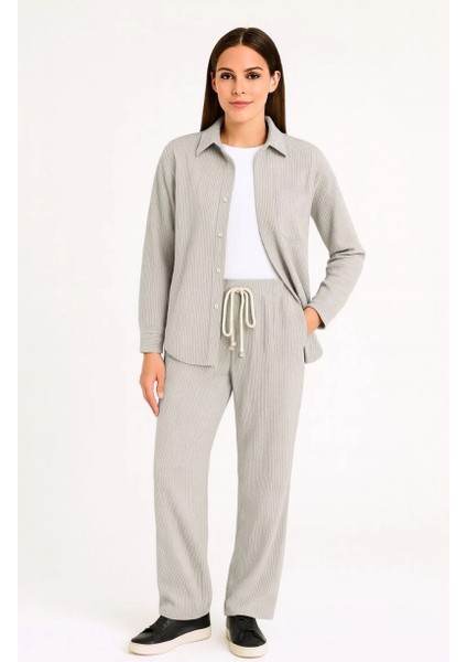 Kadın Kadife Oversize Takım - Gömlek ve Pantolon Ikili Set Gri modelleri