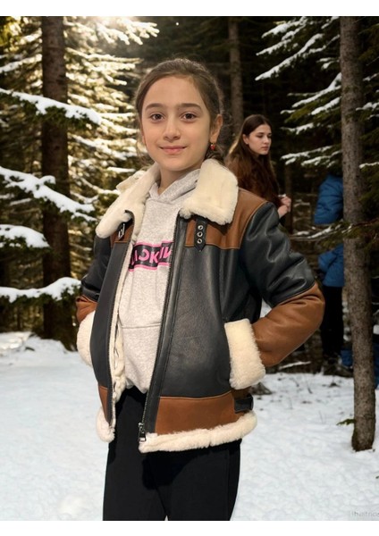 Çocuk Yakalı Parçalı Kürk - Kahve