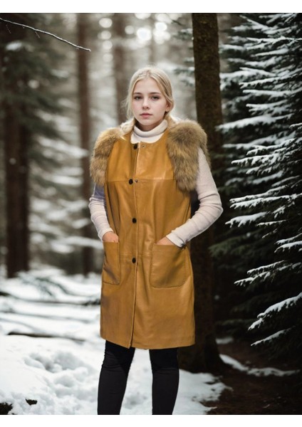 Kadın Kolsuz Hakiki Deri Kürk - Hardal