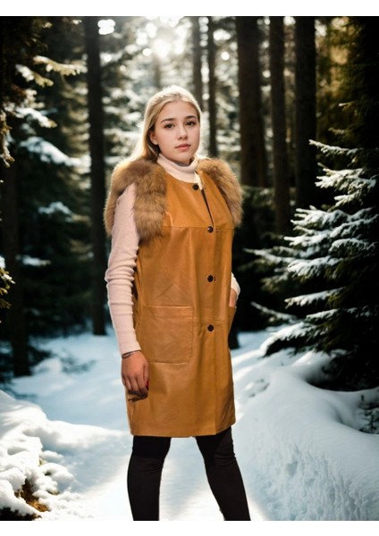 Kadın Kolsuz Hakiki Deri Kürk - Hardal modelleri