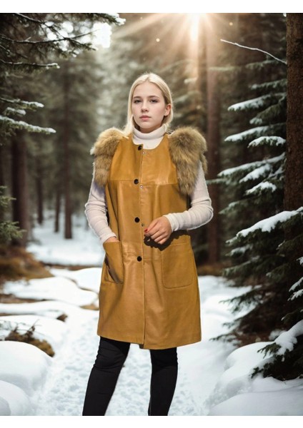 Kadın Kolsuz Hakiki Deri Kürk - Hardal fırsatları