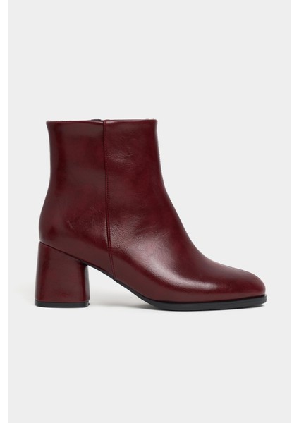Boni Bordo Rustik Desen Fermuar Detaylı Kadın Topuklu Kadın Bot