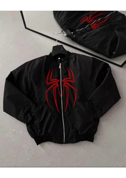 Örümcek Desenli Siyah Bomber Mont - Unisex