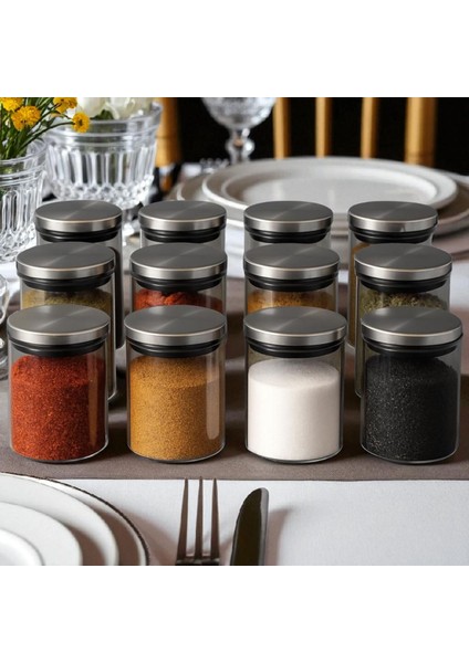 300 ml (70 mm x 100 Mm) 12 Lı Borosilikat Cam Baharatlık Seti-Sızdırmaz Sılıkonlu Metal Kapak fiyatları