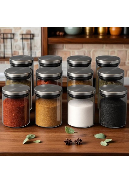 300 ml (70 mm x 100 Mm) 12 Lı Borosilikat Cam Baharatlık Seti-Sızdırmaz Sılıkonlu Metal Kapak modelleri