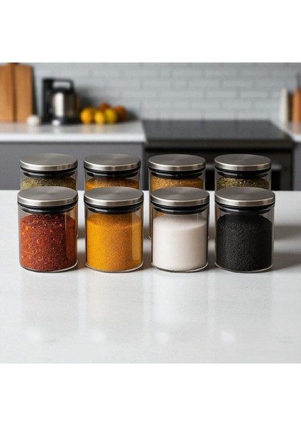300 ml (70 mm x 100 Mm) 8 Lı Borosilikat Cam Baharatlık Seti-Sızdırmaz Sılıkonlu Metal Kapak