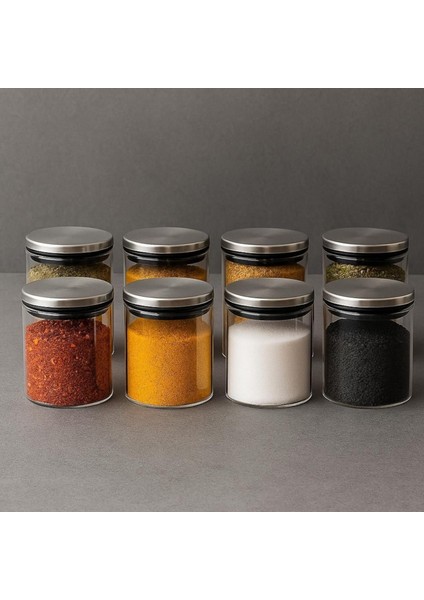 300 ml (70 mm x 100 Mm) 8 Lı Borosilikat Cam Baharatlık Seti-Sızdırmaz Sılıkonlu Metal Kapak modelleri