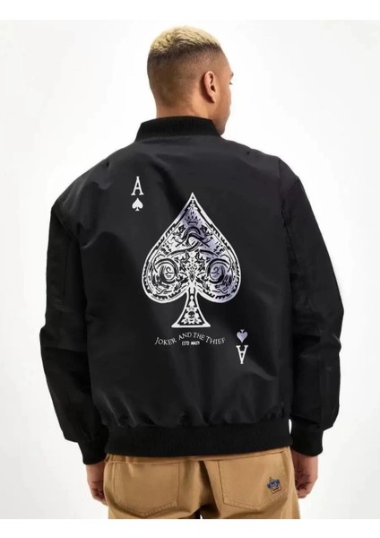 Erkek Bomber Mont - Siyah Renk, Maça Ası Baskılı