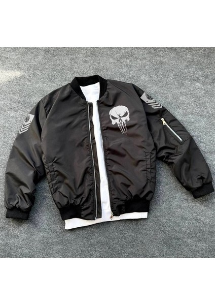 Siyah Askeri Tarz Bomber Mont - Unisex, Punisher Skull Detaylı