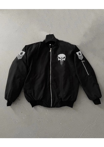 Siyah Askeri Tarz Bomber Mont - Unisex, Punisher Skull Detaylı fiyatları
