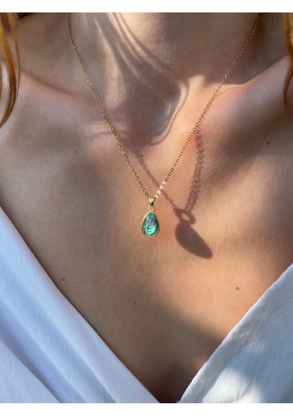 Gerçek Sedef Damla Gold Çelik Kolye