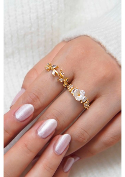 Altın Kaplama Çiçekli Yaprak Detaylı Zirkon Taşlı Kadın Yüzük Set