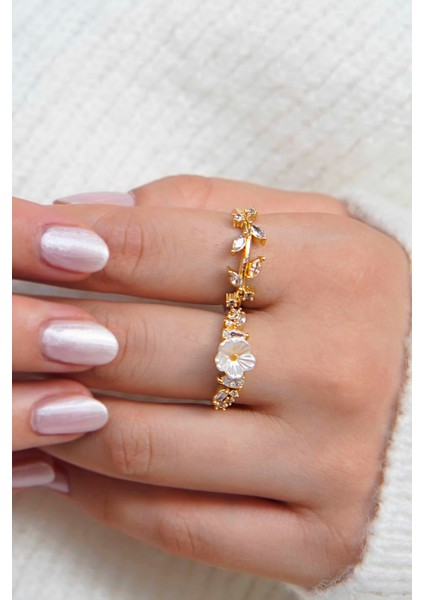 Altın Kaplama Çiçekli Yaprak Detaylı Zirkon Taşlı Kadın Yüzük Set fiyatları