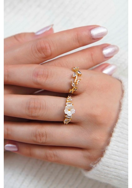 Altın Kaplama Çiçekli Yaprak Detaylı Zirkon Taşlı Kadın Yüzük Set modelleri