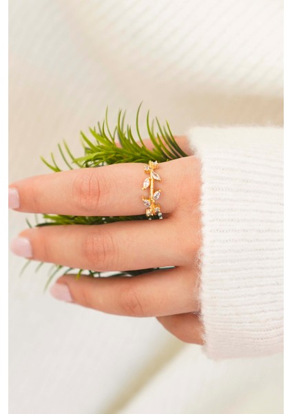 Altın Kaplama Çiçekli Yaprak Detaylı Zirkon Taşlı Kadın Yüzük Set indirimleri