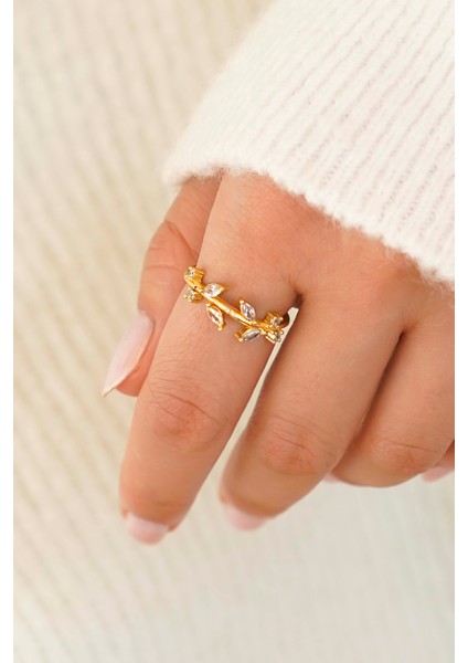 Altın Kaplama Çiçekli Yaprak Detaylı Zirkon Taşlı Kadın Yüzük Set