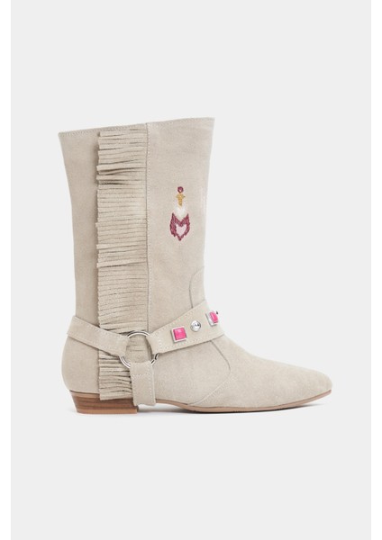 Derek Bej Süet Hakiki Deri Nakış Püskül Detay Düz Taban Kadın Bot fiyatları