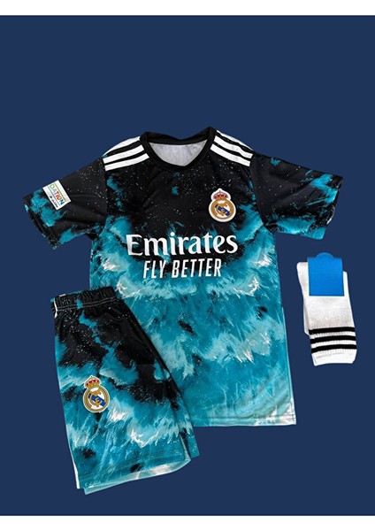 R€al Mædrid 2024/25 Yeni Sezon Cr7 Cristiano Ronaldo Özel Tasarım Mavi Dalgalı Çocuk Forması