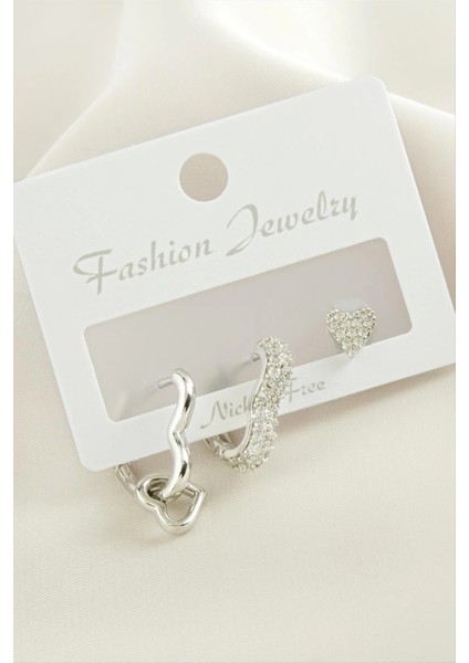 3 Adet Kalp Zirkon Taşlı Küpe