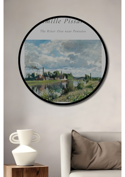 Çerçeve Görünümlü Camille Pissarro Nehir Kıyısı Manzarası Dekoratif Ahşap Mdf Tablo Yuvarlak Tablo