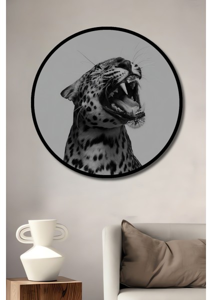 Çerçeve Görünümlü Güçlü Leopar Ahşap Mdf Dekoratif Işyeri Duvar Tablo Yuvarlak Işyeri Duvar Tablo