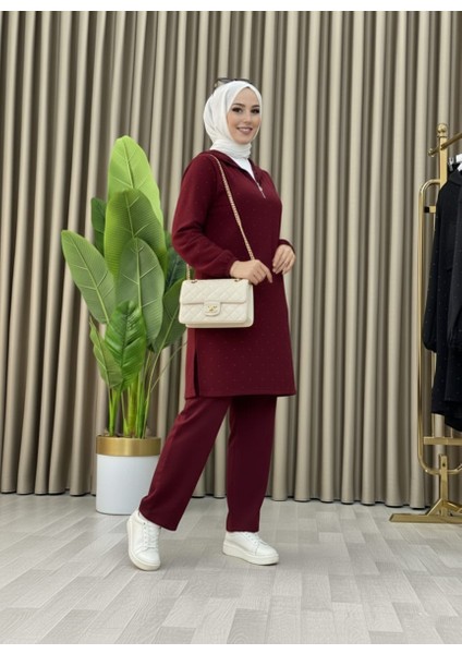 Taş Detaylı Kapüşonlu Fermuarlı Ikili Tunik Takım