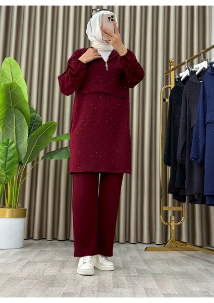 Taş Detaylı Kapüşonlu Fermuarlı Ikili Tunik Takım modelleri