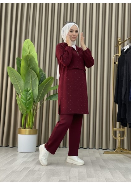 Taş Detaylı Kapüşonlu Fermuarlı Ikili Tunik Takım fırsatları