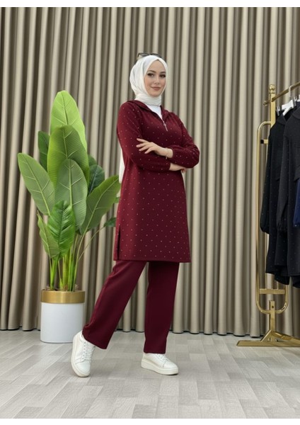 Taş Detaylı Kapüşonlu Fermuarlı Ikili Tunik Takım indirimleri