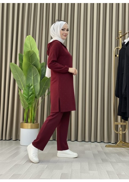 Taş Detaylı Kapüşonlu Fermuarlı Ikili Tunik Takım