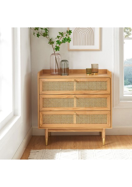 Bombong 3 Çekmeceli Masif Ahşap Şifonyer – Hasır Detaylı Modern ve Bohem Stil