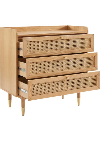 Bombong 3 Çekmeceli Masif Ahşap Şifonyer – Hasır Detaylı Modern ve Bohem Stil fırsatları