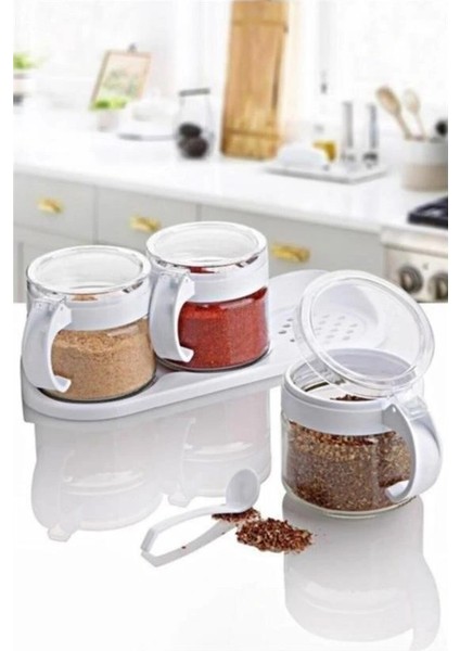 Buffer® Beyaz 3lü Standlı Kapaklı Kaşıklı Cam Hava Sızdırmaz Baharatlık Takımı KC-386 indirimleri