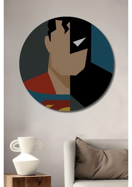 Superman Batman Illüstrasyon Ahşap Mdf Yuvarlak Dekoratif Ev,iş Yeri Duvar Tablo