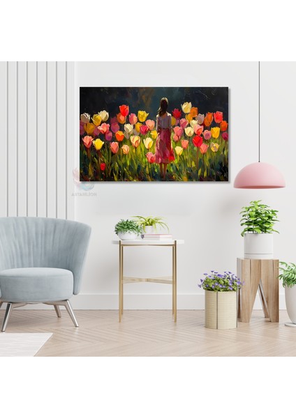 Kanvas Yatay Duvar Tablosu Kanvas Kucuk Kizve Laleler Ev Ofis Salon Modern Duvar Tablosu modelleri