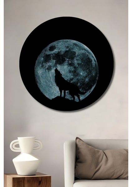 Çerçeve Görünümlü Kurt Ay Işığı Dekoratif Ahşap Mdf Ev Duvar Tablo Yuvarlak Ev Duvar Tablo