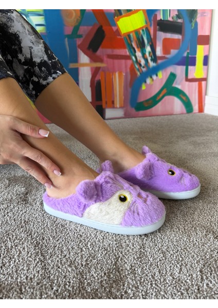 Kadın Süper Esnek Katlanabilir Taban Çok Yumuşak ve Hafif Kedi Desen Peluş Ev Terliği