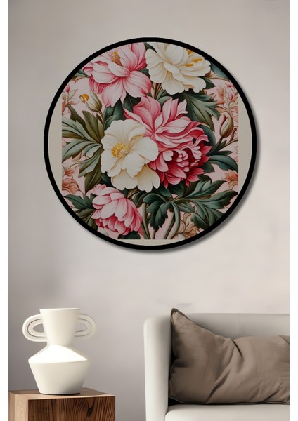 Çerçeve Görünümlü William Morris Çiçek Desenli Ahşap Mdf Dekoratif Tablo Yuvarlak Tablo