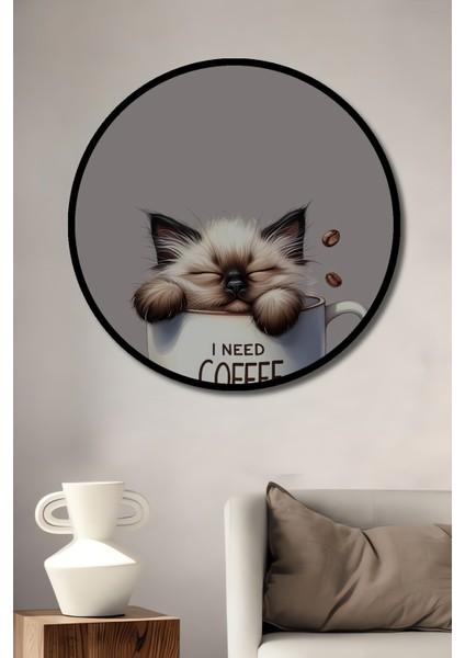 Çerçeve Görünümlü Kahve Fincanında Yaramaz Kedi Dekoratif Ahşap Mdf Tablo Yuvarlak Tablo