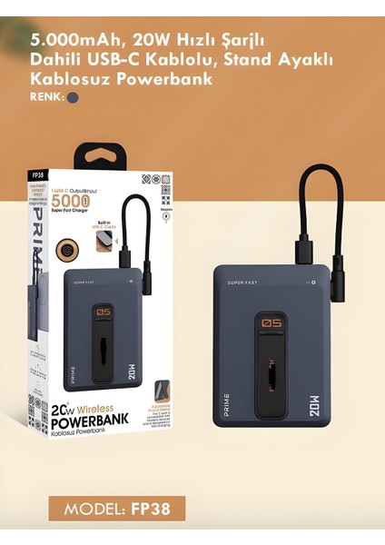 5000MAH 20W Hızlı Şarj Kablosuz Magsafe Powerbank Type-C Kablolu/girişli Standlı - Siyah fiyatları