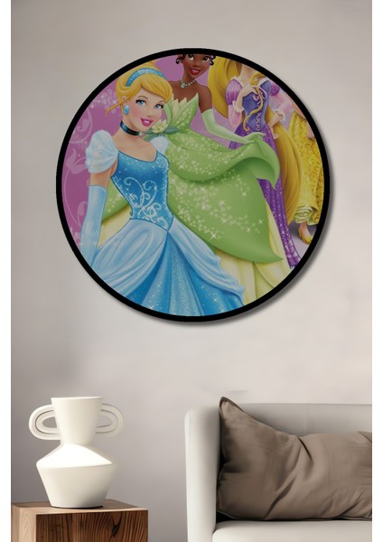 Çerçeve Görünümlü Prensesler Masalı Ahşap Mdf Dekoratif Ev Duvar Tablo Yuvarlak Ev Duvar Tablo