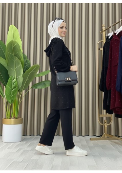 Taş Detaylı Kapüşonlu Fermuarlı Ikili Tunik Takım fırsatları