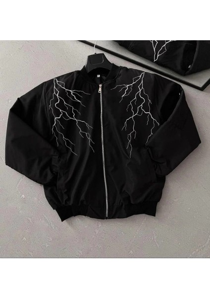 Unisex Siyah Bomber Mont - Beyaz Şimşek Desenli fiyatları