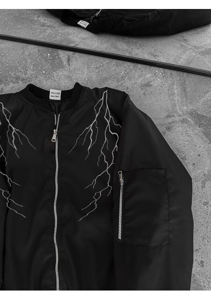 Unisex Siyah Bomber Mont - Beyaz Şimşek Desenli modelleri