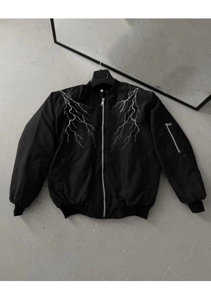 Unisex Siyah Bomber Mont - Beyaz Şimşek Desenli fırsatları