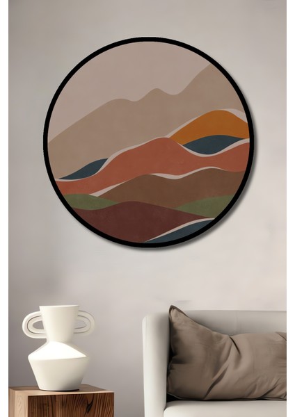 Çerçeve Görünümlü Renkli Dağ Manzarası Dekoratif Ahşap Mdf Ev Duvar Tablo Yuvarlak Ev Duvar Tablo