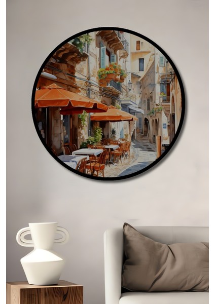 Çerçeve Görünümlü Akdeniz Sokaklarında Dekoratif Ahşap Mdf Ev Duvar Tablo Yuvarlak Ev Duvar Tablo