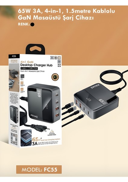 65W Gan 3A 4 Portlu 1,5 Metre Uzatma Kablolu USB + Type-C Çoklayıcı Masaüstü Şarj Cihazı