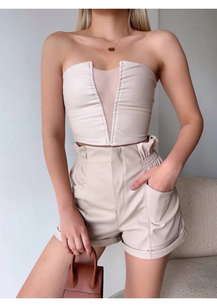 Tüllü Deri Crop Bej W24615 modelleri